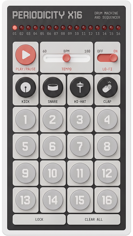 Front view of the Periodicity X16 drum machine and its controls