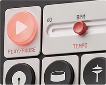 Close-up of the play, tempo and drum controls