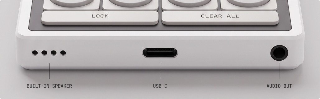 X16 connections: built-in speaker, USB-C, and audio out