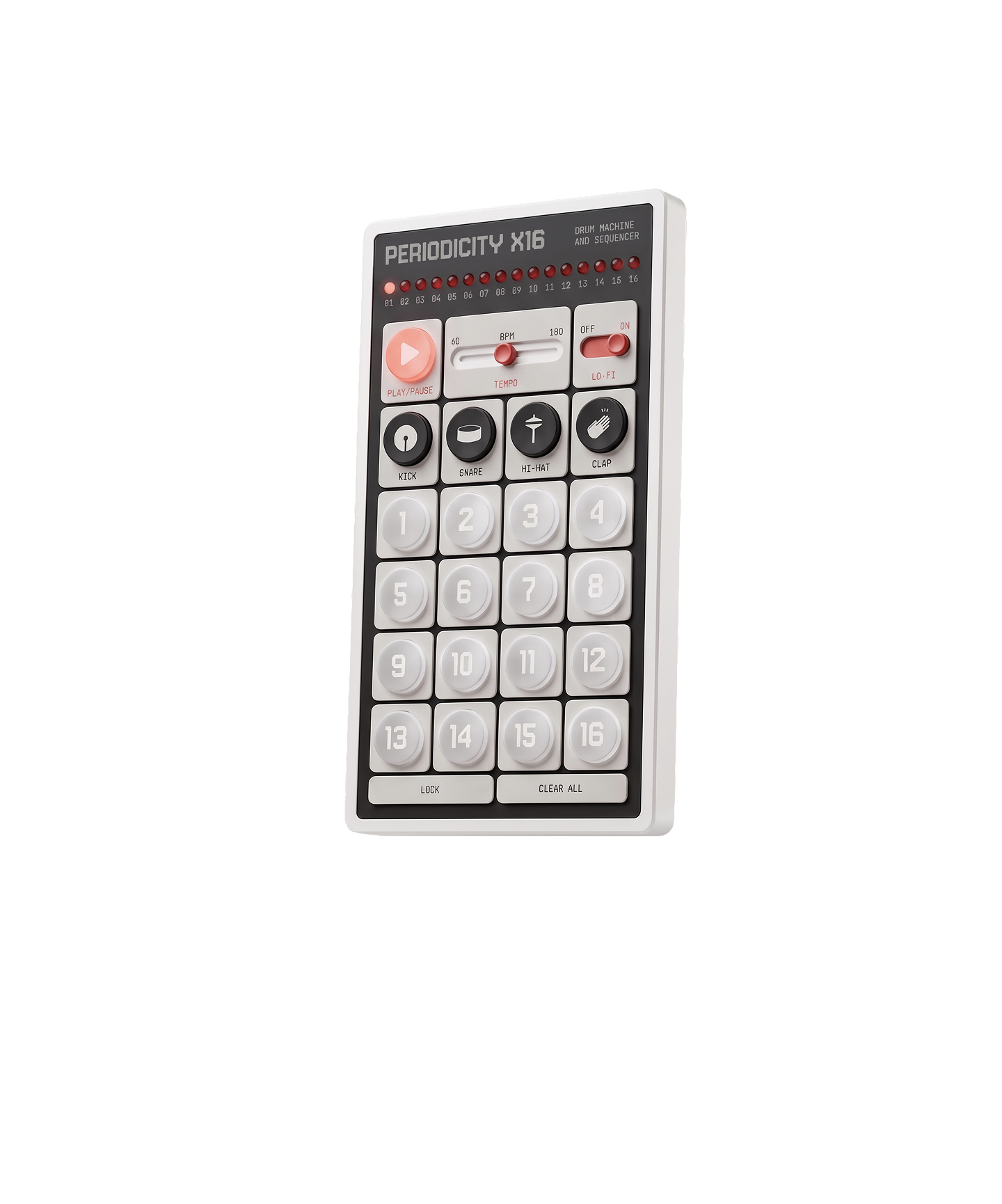 Periodicity X16 drum machine with sixteen step buttons, four drum sounds, tempo and lo-fi controls